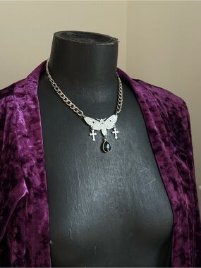 Silver Moth Pendant Necklace with Black Teardrop and Cross Charms gothic choker